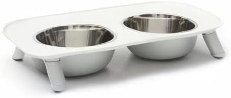 Messy Mutts Elevated Double Feeder with Stainless Bowls | Adjustable Height 3”, 5”, or 10” | Adjustable Standing Feeder for Dogs | 5 Cups per Bowl | Light Grey
