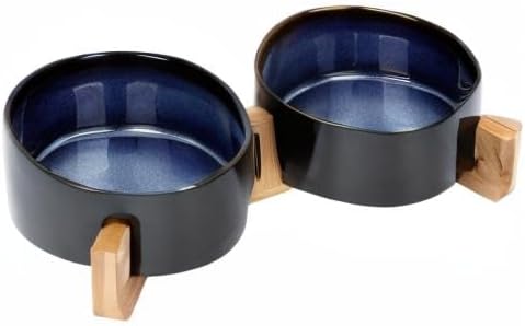 SPUNKYJUNKY Ceramic Dog and Cat Bowl Set with Wooden Stand, Modern Cute Weighted Food Water Set for Small Size Dogs (13.5OZ) & Medium Sized Dogs (28.7OZ) & Cats (3.6 Cups, 2 × Starry Blue)