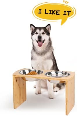 Elevated Dog Bowls, Bamboo Raised Dog Bowl for Large Dogs, with 2 Stainless Steel Bowls (13'' Tall-68oz Bowl, Natural)