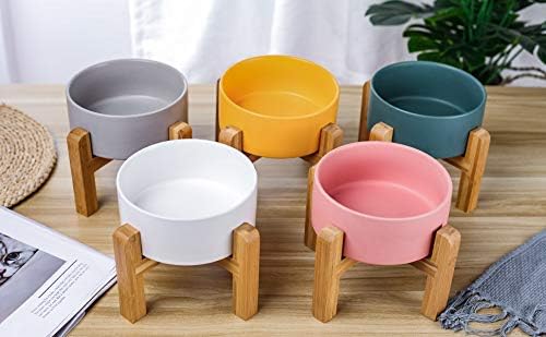Pink Ceramic Elevated Raised Cat Bowl with Wood Stand No Spill Pet Food Water Feeder Cats Small Dogs