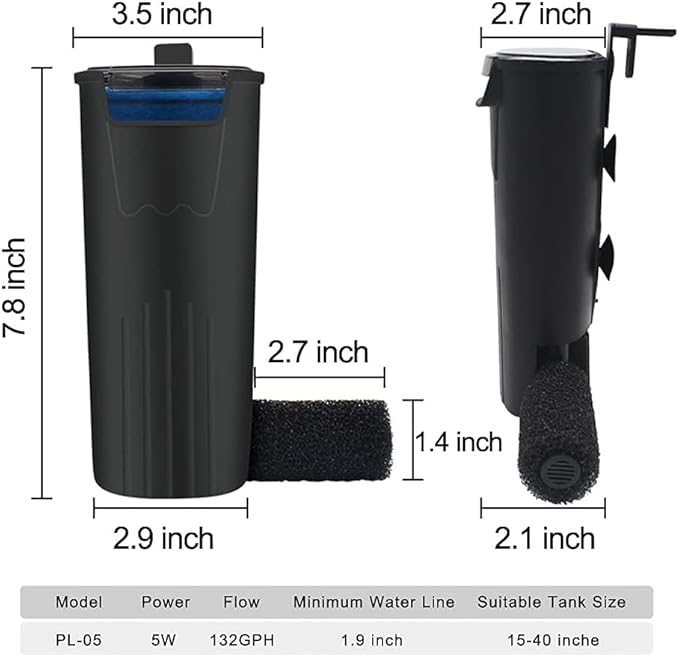 PULACO Aquarium Internal Filter 3 to 20 Gallons, for Turtle Tanks, Reptiles, Amphibians, Frog, Cichlids, Newt or Fish Tank