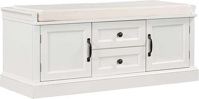 Storage Bench with 2 Drawers and 2 Cabinets, Pine Wood Shoe Bench with Removable Cushion for Living Room, Entryway 42.5" L x 15.9" W x 17.5" H (White)