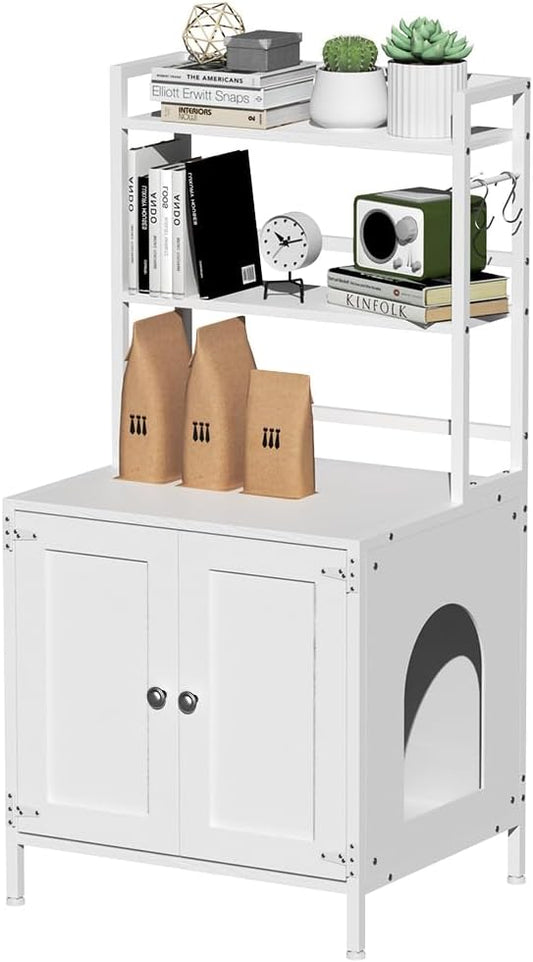 Tohomeor Litter Box Enclosure with Shelves and Doors Vintage Wooden Hidden Cat Litter Box Furniture Industrial Indoor Cat House Washroom