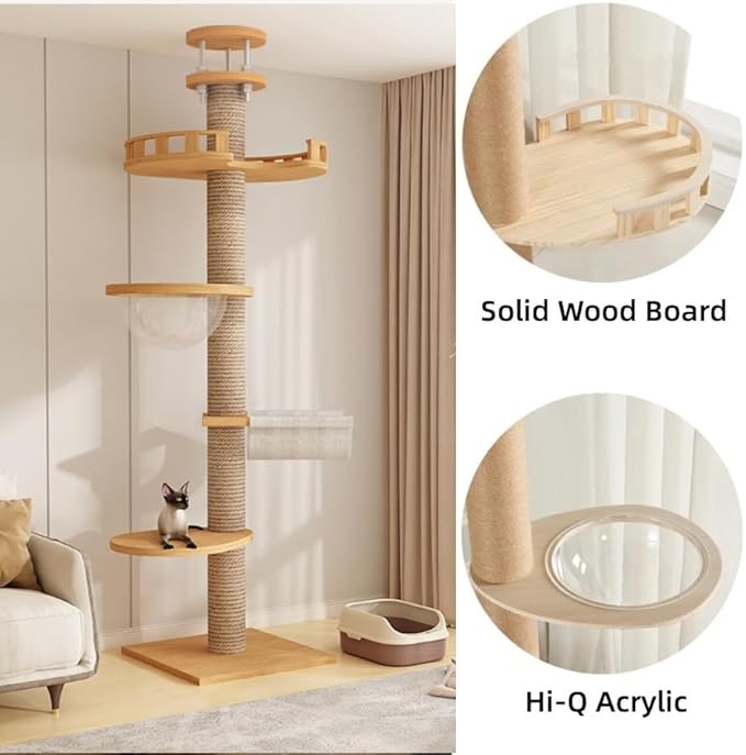 Cat Tree Floor to Ceiling,Cat Tree Height Adjustable from Floor to Ceiling(92“-114”), Tall Climbing Tree, Equipped with Scraping Pillars, Comfortable Bed, Observation Deck, Space Capsule