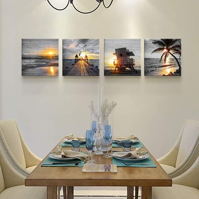 Yxbhhym- Bathroom Wall Art Black and White Gold Beach Wall Art Ocean Canvas Print Sunrise Sunset Seascape Scenery Painting Poster Framed Picture Bedroom Wall Decor Living Room Office Wall Decoration