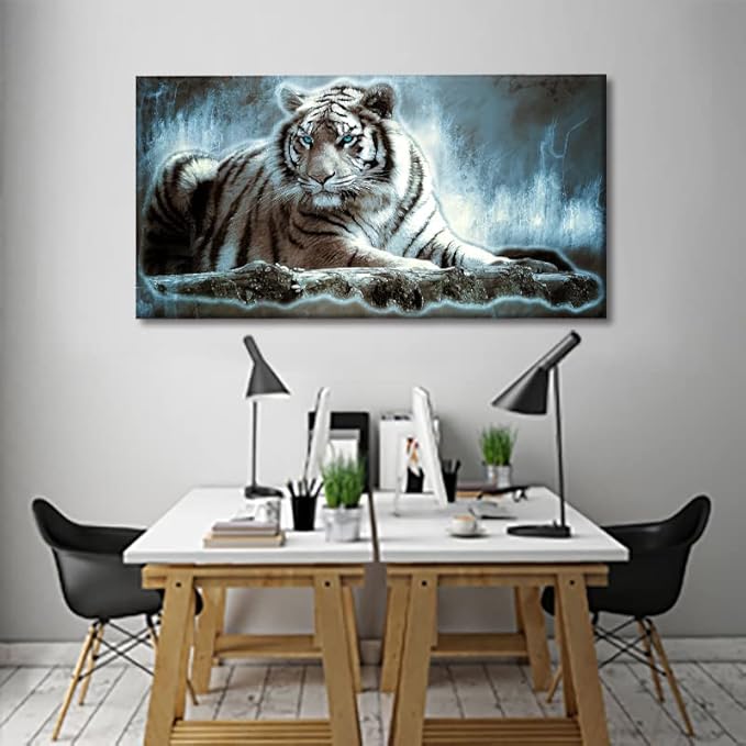 Yxbhhym Large Animals Canvas Wall Art Tiger Wall Picture Animals Prints Poster Painting White Tiger Artwork for wall Bedroom Living Room Dรฉcor Home Decorations Office Wall Decor Framed -24x48inches