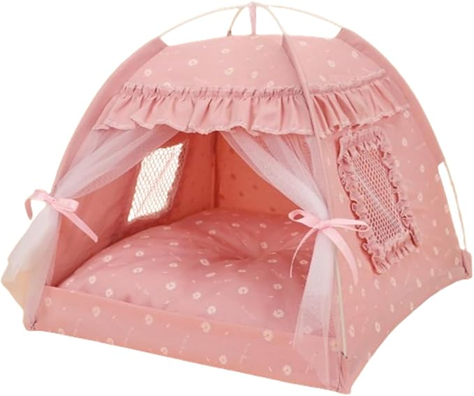 Cat Bed Tents Dog House Indoor Outdoor Lace Mesh Breathable Windows Door Curtains Removable Portable Nest Teepe House (Medium,Pink(Ruffled Teim))