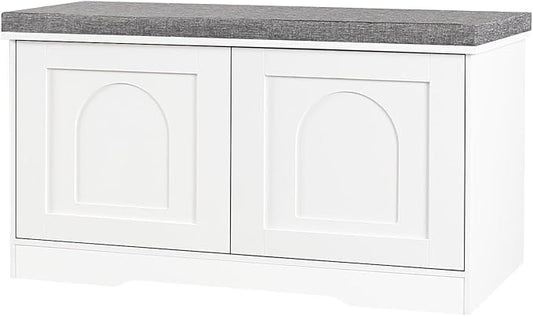 DINZI LVJ Shoe Bench, Entryway Storage Bench with Doors, Cushion, 2-Tier Shoe Rack with 6-Cubby, 31.5”L x 13.8”W Shoe Organizer Cabinet, Adjustable Shelf, Living Room, Bedroom, White