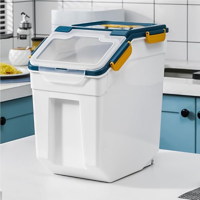 Large Flour Storage Container Bin 25lb,4 Pack Airtight Rice Storage Containers with Wheels Seal Locking Lid BPA Free with Measuring Cup,Scoop for Flour, Rice, Grain, Dry Food - Dark Blue