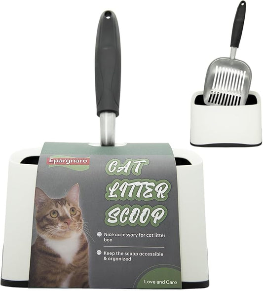Heavy Duty Cat Litter Scoop with Holder - All Metal Cat Litter Scooper with Holder - Speed Sifter Litter Box Scooper Captures All Clumps - Aluminum Cats Littter Scooper and Caddy
