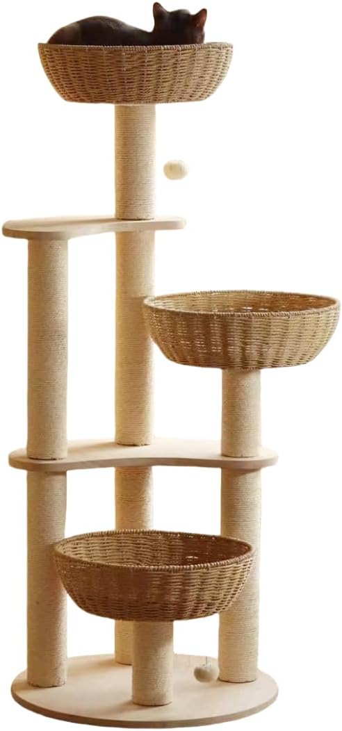 Modern Wood Rattan Cat Tree for Large Cats, Luxury Multi-Level Oak Solid Wood Cat Trees Towers,w/3 Weaving Cat Nests & Washable Cushions, Sisal Scratching Posts, for Indoor Large Cats-No paint/wax oil