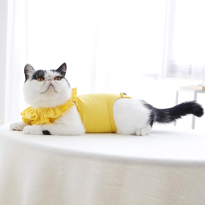 Cat Recovery Suit for Abdominal Wounds and Skin Diseases,Breathable Surgical Recovery Shirt After Surgery Wear Anti Licking Wounds,E-Collar Alternative for Female Cats Kitten(RSC01-yellow-s)