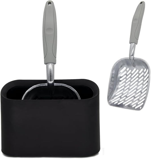 Metal Cat Litter Scoop with Holder, Aluminum Cats Litter Scooper Captures All Clumps, Heavy Duty Metal Kitty Scoopers with Holder, Cat Metal Scoop and Holder (Black)