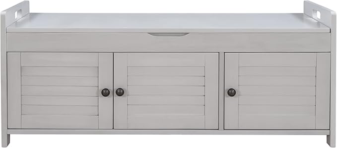 Storage Bench with 3 Shutter-Shaped Doors, Wood Shoe Bench with Removable Cushion and Hidden Storage Space for Entryway, Living Room, Hallway 43.5" L*16" W*18" H (Gray Wash Pine)