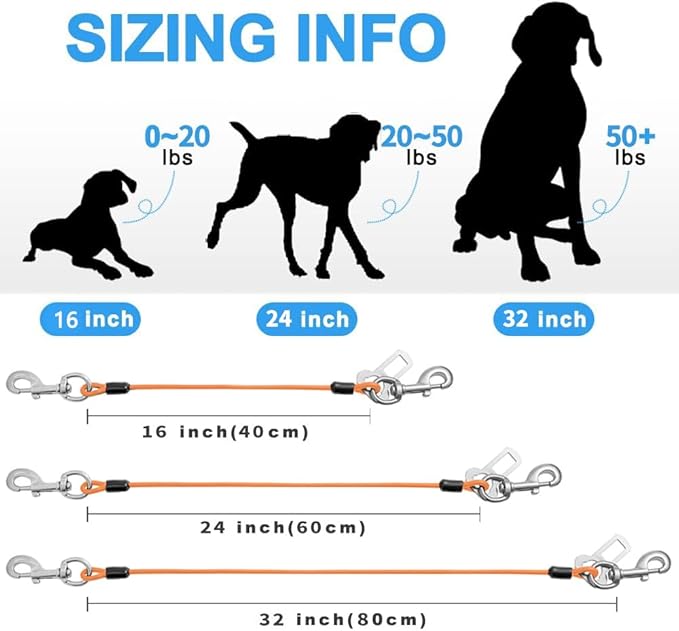 Dog Seat Belt Harness for Car,Dog Seatbelt of Coated Wire Leash Safety Restraint,No Chew Tether Cable Vehicle Dogs Accessories,Double Clips & Latch (Orange, 16 inch/40 CM)
