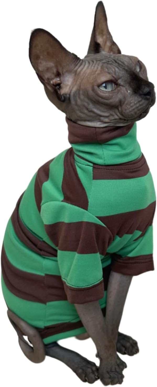Vintage Stripes Sphynx Hairless Cats Shirt Cotton Cat Turtleneck Pet Clothes Kitten T-Shirts with Sleeves for Sphynx Cats (Wide Green Brown Stripe, Medium)