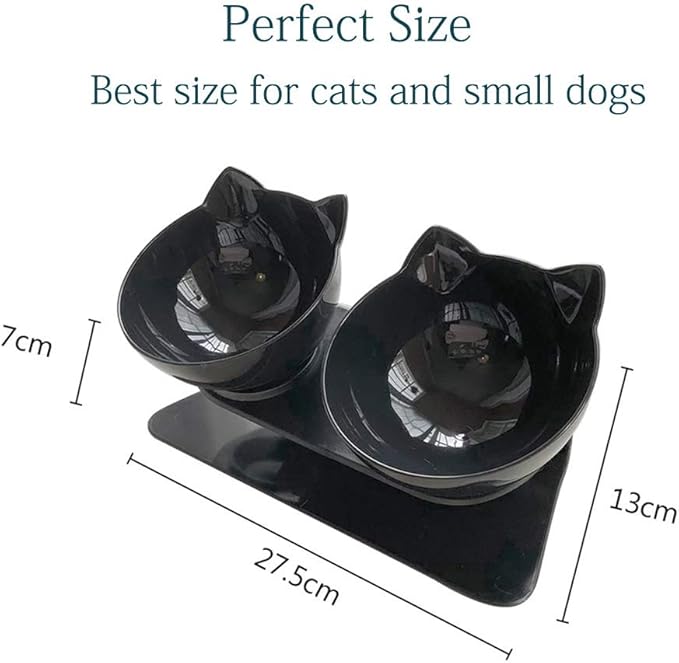 Luck Dawn Double Elevated Cat Bowls with Raised Stand, 15 Tilted cat Bowl Design Neck Guard Stand Raised Pet Food Water Feeder Bowl for Cats or Small Dogs