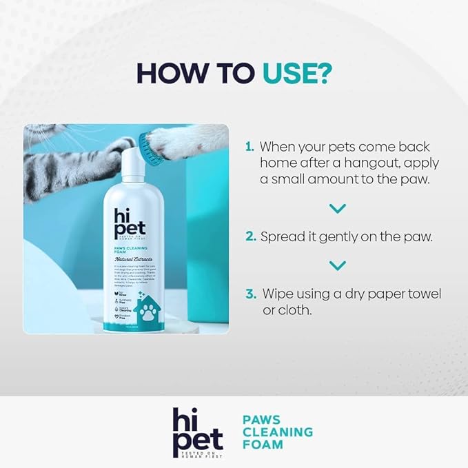 Hi Pet Dog Paw Cleaner Foam with Built-in Paw Scrubber Brush, Paw Cleaner for Dogs and Cats, Cat and Dog Paw Moisturizer, Effortless and Easy-to-Use Bottle Design Dog Feet Cleaner, 5.07 Fl Oz