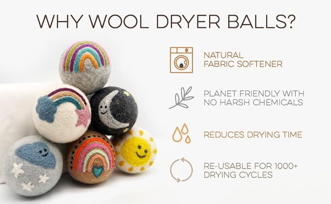 Fluff Ewes Wool Dryer Balls 6 Pack Premium New Zealand Wool Laundry Balls for Dryer, No Static Dryer Balls Laundry Reusable, XL Wool Dryer Balls Cute, Baby Dryer Balls for Dryers - Rainbow or Shine