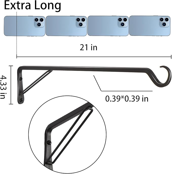 2 Pack Extra Long 21 Inch Heavy-Duty Rust-Resistant Solid Steel Plant Hangers and Bird Feeder Hangers for Indoor and Outdoor Decor, Wall Hooks
