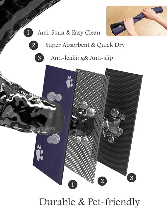 Pet Feeding Mat-Absorbent Dog Mat for Food and Water Bowl-No Stains Quick Dry Water Dispenser Mat-Dog Accessories Pet Supplies-Bowl for Messy Drinkers(Navy,23"x34"