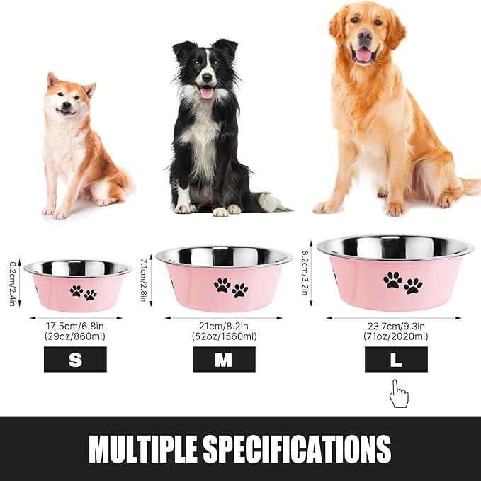 Stainless Steel Dog Bowls, Nonslip Rubber Bottom No Spill Proof Skid Metal Insulated Dog Bowls for Large Medium Small Breed Dogs (Pink, 8.5 Cups/71 OZ)