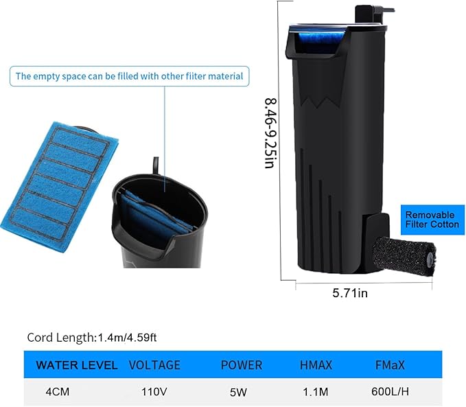 Upgraded Turtle Tank Filter, Aquarium Internal Filter Fish Tank Filter for 5 to 40 Gallon Ultra Silent Fast and Effective Filtration Waterfall Filter (Filter)