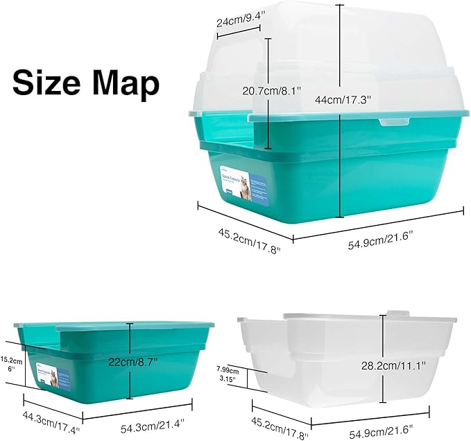 Petfamily Cat Litter Box, Large Foldable Jumbo Hooded Cat Litter Box with Transparent Lid (Teal)