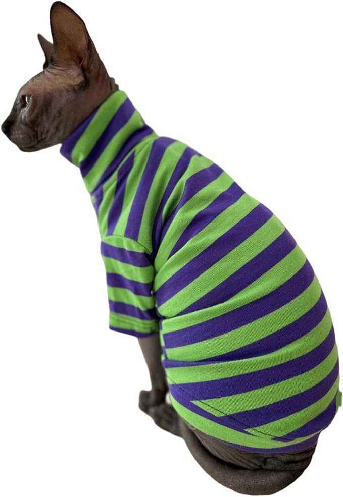 Vintage Stripes Sphynx Hairless Cats Shirt Cotton Cat Turtleneck Pet Clothes Kitten T-Shirts with Sleeves for Sphynx Cats (Eggplant, Medium)