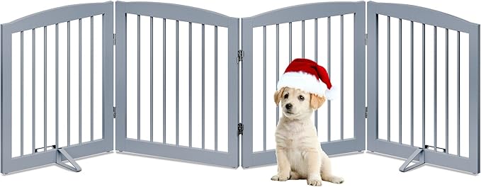 Freestanding Pet Gate - Foldable Wooden Dog Gate for House, Indoor, 80 Inch Wide, 4 Panels 24", Grey