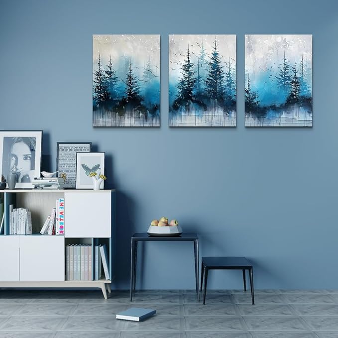 TTHYUEWS Boho Wall Art For Living Room Canvas Wall Decor For Bedroom Forest Landscape Wall Pictures Blue Tree Abstract Wall Paintings Artworks Ready To Hang Office Aesthetic Wall Decoration 3 Piece