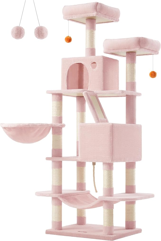 Feandrea Cat Tree, 66.1-Inch Large Cat Tower with 13 Scratching Posts, 2 Perches, 2 Caves, Basket, Hammock, Pompoms, Multi-Level Plush Cat Condo for Indoor Cats, Jelly Pink UPCT165P01