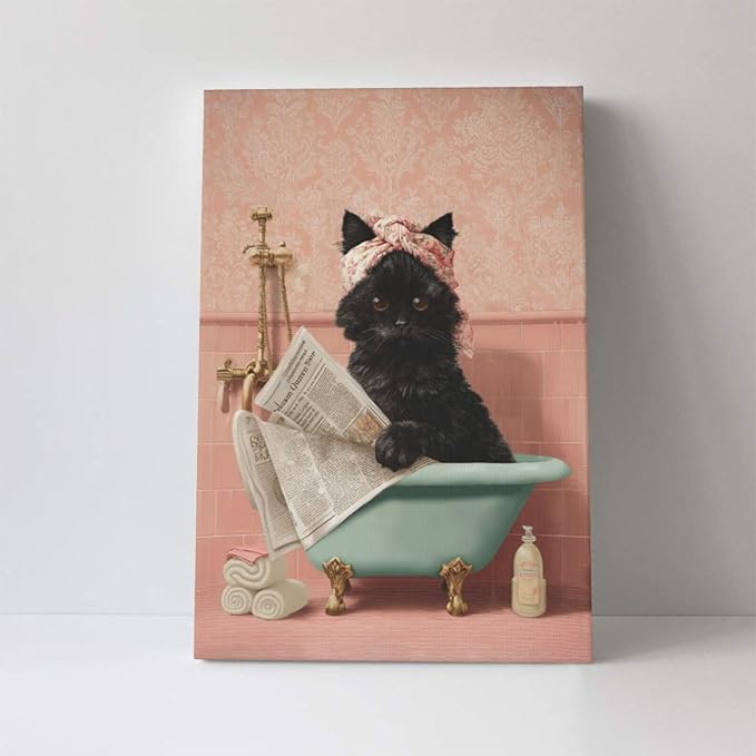 Cat Bathroom Wall Decor Black Cat Reading Newspaper in Bathtub Canvas Wall Art Funny Bathroom Pictures Kitten Painting Print Pink Artwork Framed Decorations Gifts 16"x24"