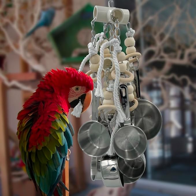 Durable Stainless Steel Pots & Wooden Beads Parrot Toys - Pullable 8 Metallic Cups & 8 Natural Dye-Free Rings for Large & Extra Large Parrots Macaws Amazons African Greys Cockatoos Eclectus