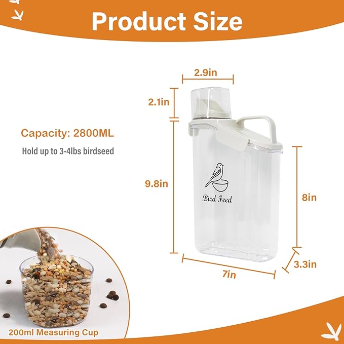 Bird Seed Storage Container Portable-3 Qt/2.8 L Clear Plastic Pet Food Container-with Measuring Cup,Airtight Wild Bird Seed Dispenser for Storing Sunflower Seed|Squirrel proof|BPA Free-White