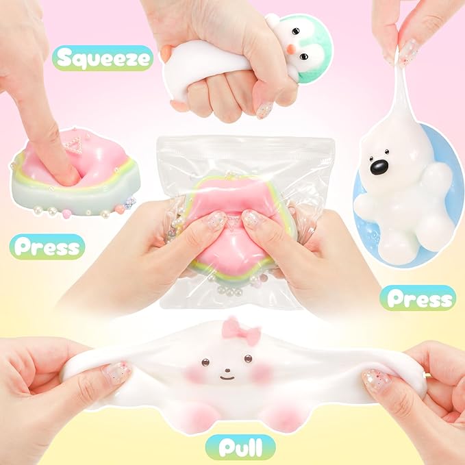 Squishy Fidget Toys 4Pcs, Cute Penguin Bunny Pool Dog Squeeze Sensory Toys for Kids Stress Relief Gifts Treasure Box Toys for Classroom Birthday Party Favors Easter Stocking Stuffers for Teens