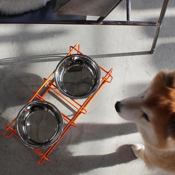 Wire & Dine Elevated Dog Bowls Stand for Small & Medium Sized Dogs & Cats - 2 Stainless Steel 3 Cup Dishes - Non-Skid, Modern Minimalist Design, Dishwasher Safe, Orange Frame - Made in USA