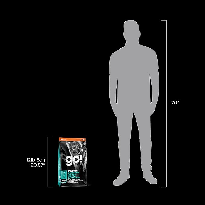 Go! Solutions Carnivore, Grain-Free, Protein Rich Dry Dog Food, Chicken, Turkey and Duck Adult Recipe, 12 lb Bag