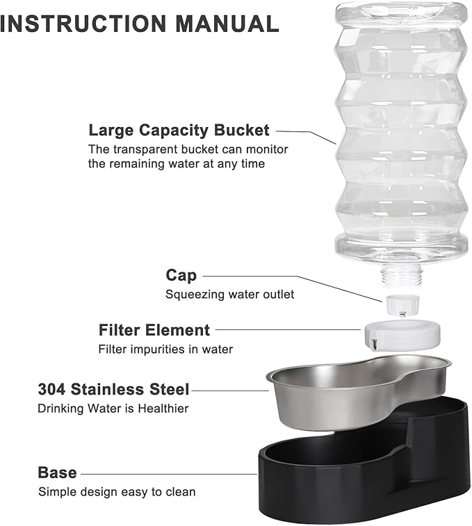 Sfozstra Lagre Gravity Dispenser for Dogs: 8L Black Automatic Stainless Steel Water Bowl Waterer - Great for Family Homes and Outdoor Activities