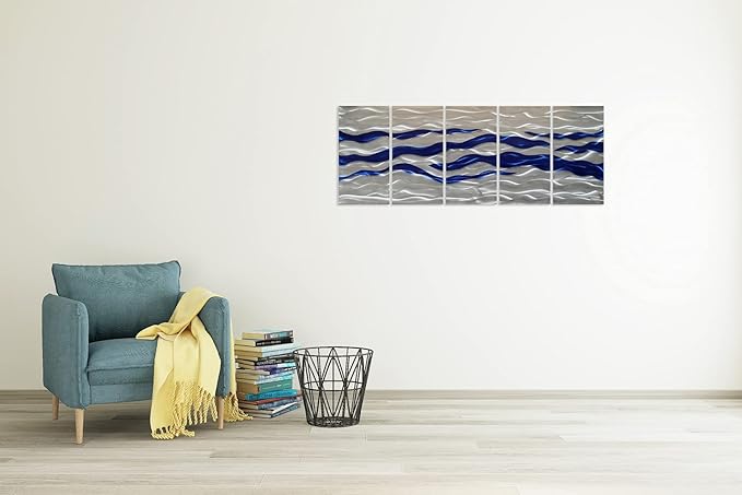 SYGALLERIER Abstract Coastal Metal Wall Art Handcrafted Big 3D Blue and Silver Artwork Modern Sea Waves Pictures Contemporary Sculpture for Living Room Bedroom Bathroom Decor