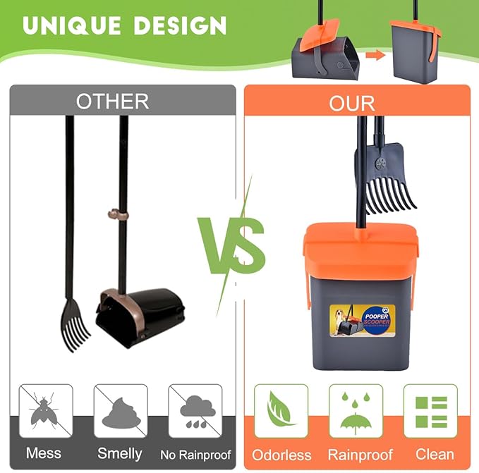 Pooper Scooper Swivel Bin & Rake Kit with 55 Waste Bags, 46" Long Handle Adjustable Portable Non-Breakable Dog Pooper Scooper Easy to Clean Pet Waste