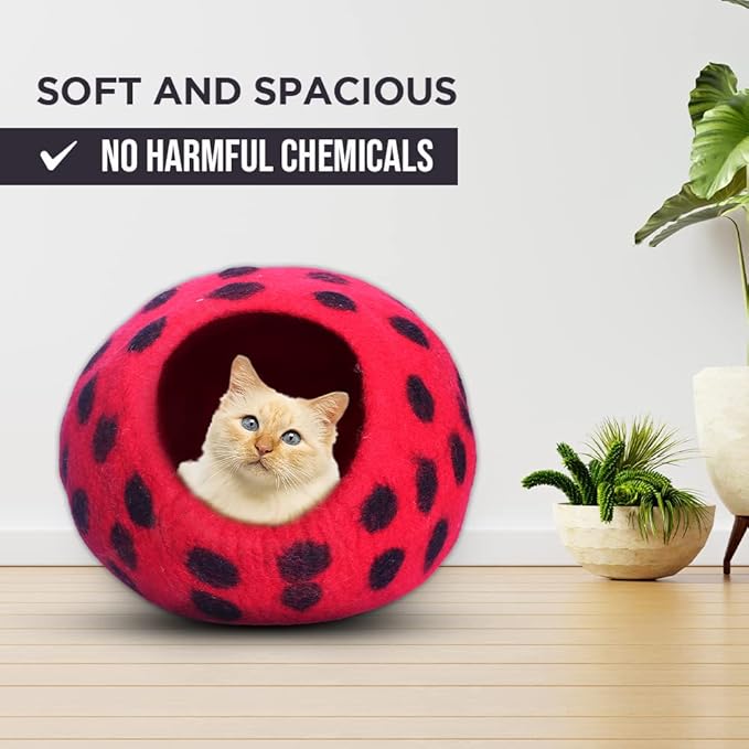 Woolygon Premium Felt Cat Cave Bed - Polka Dot Series - Wool Kitty Beds Handcrafted Kitten Caves Bed for Indoor Cats - Eco-Friendly Merino Wool, Foldable Cat Hideaway Cat Houses (Red/Black Dots)