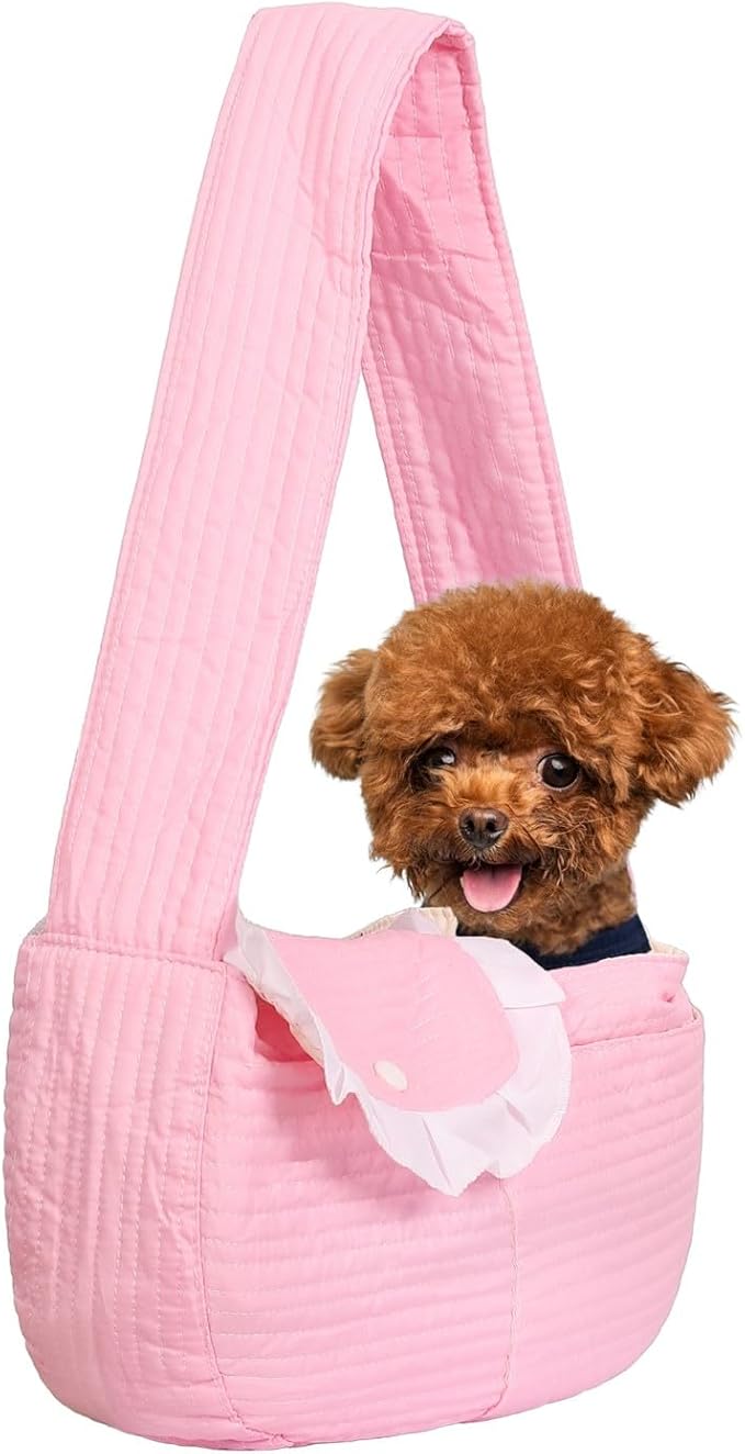 Pet Sling Carrier for Small Dogs ANG cat 3-8lbs, Breathable Cotton Dog or Cats Purse Carrier with Storage Pocket,for mom Gifts Hand Free Travel Chest Cat Sling Light Pink (Pink)