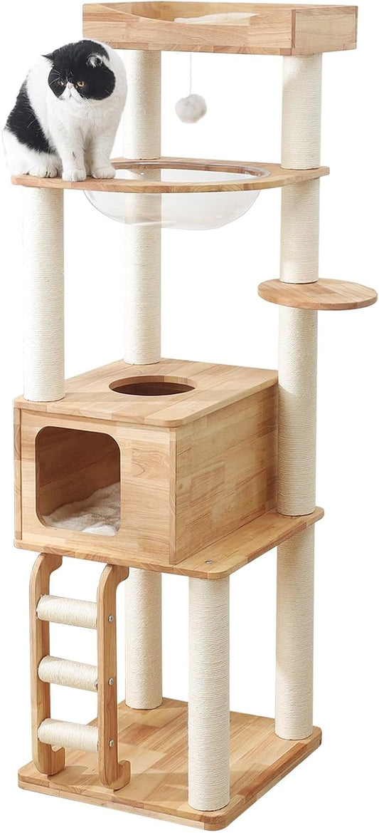 65-inch Tall Cat Tree,Cat Tower for Indoor Cats with Feel-Safe Enclosed Cat Cave、Scratching Post、Space Capsule Nest and Cat Ladder