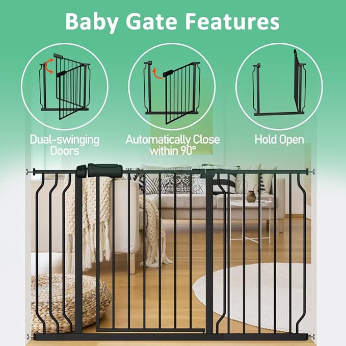ALLAIBB Extra Wide Pressure Mounted Baby Gate Walk Through Child Kids Safety Toddler Tension Black Long Large Pet Dog Gates with Extension for doorways Kitchen (52.76-62.2"/134-158cm, Black)