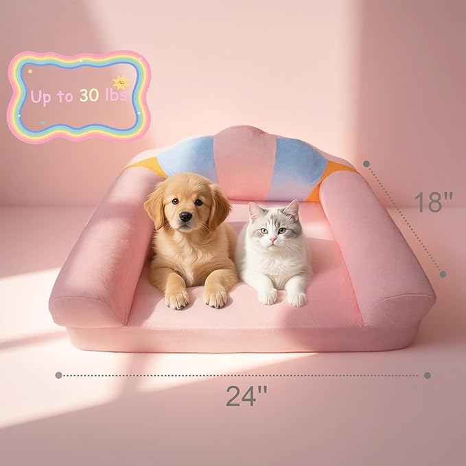 Cute Cat Couch with Soft Pillow, Supportive Dog Couch, Cat Sofa with Removable Cover,Cute Rainbow Shaped, 24 Inch