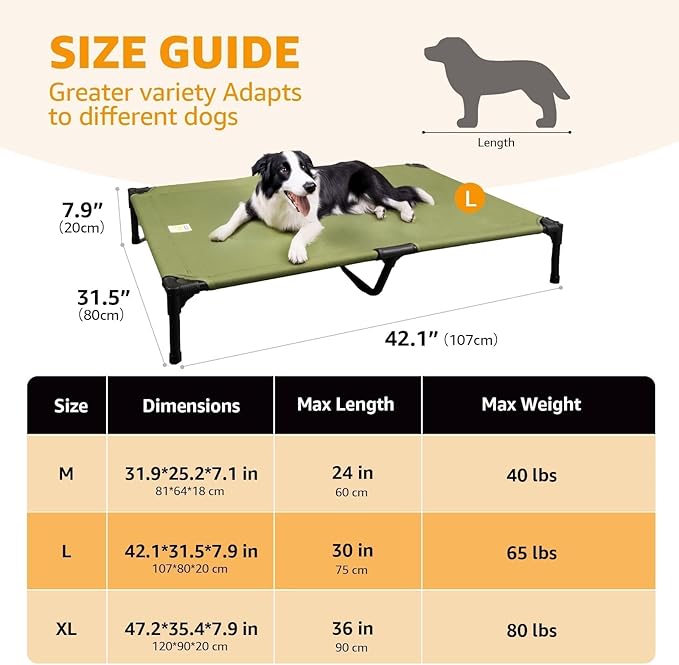 Sytopia Canvas Elevated Dog Bed, Durable Chew Proof Outdoor Raised Pet Cot for Large Dogs, Waterproof, Breathable, Portable, Washable, Easy Assembly, Sturdy Frame for Camping & Travel, Green