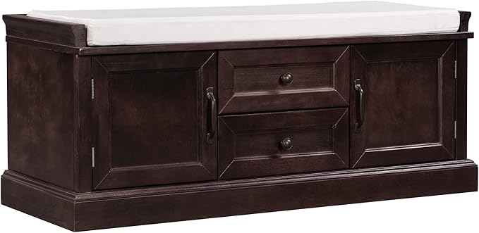 Storage Bench with 2 Drawers and 2 Cabinets, Pine Wood Pine Wood Shoe Bench with Removable Cushion for Living Room, Entryway 42.5" L x 15.9" W x 17.5" H (Espresso)