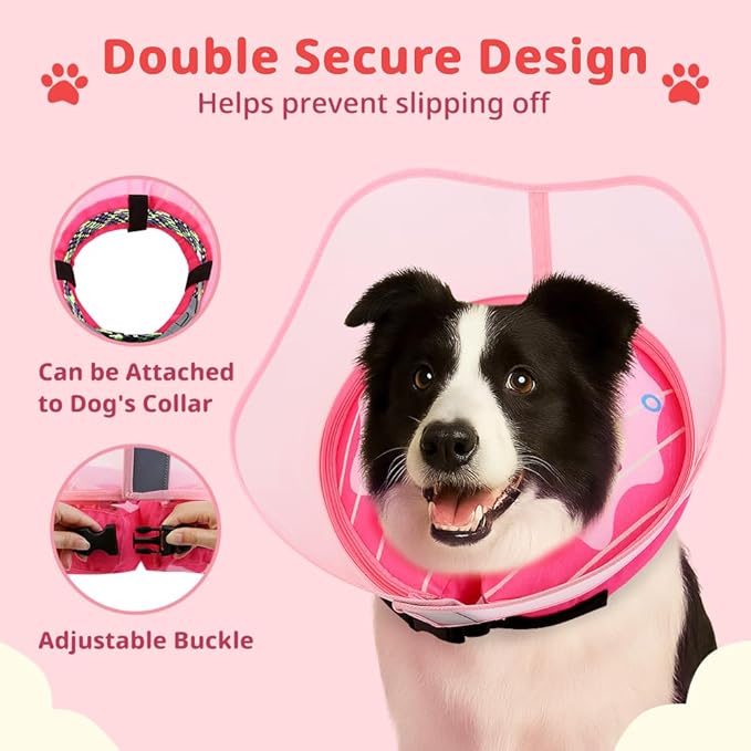 Soft Dog Cone Collar, Inflatable Donut Cones Alternative After Surgery with No-Lick Shield for Large/Medium/Small Dogs to Stop Licking, Elizabethan Neck Ecollars of Shame Comfy Pillow Recovery, Pink