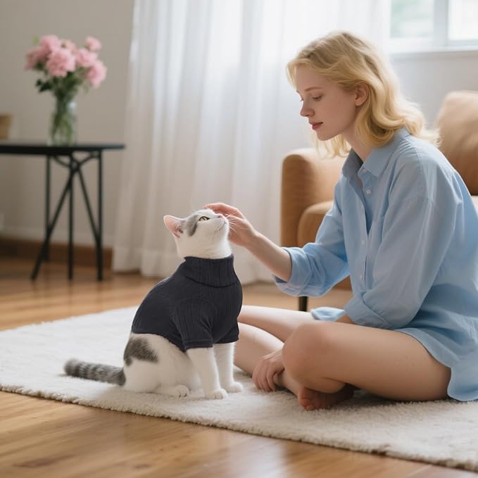 Idepet Sphynx Hairless Cats Sweater Shirt Kitten Soft Puppy Clothes Pullover Cute Cat Pajamas Jumpsuit Cotton Apparel Pet Winter Turtleneck for Cats and Teacup Chihuahua Small Dogs(Black,M)